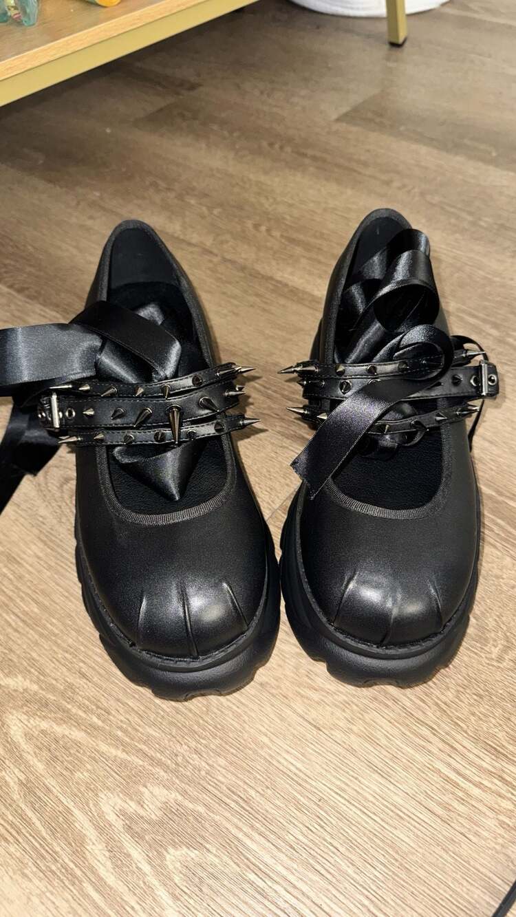 Current Mood Black Spike Rivet Platform Mary Jane Shoes with Satin Ribbon